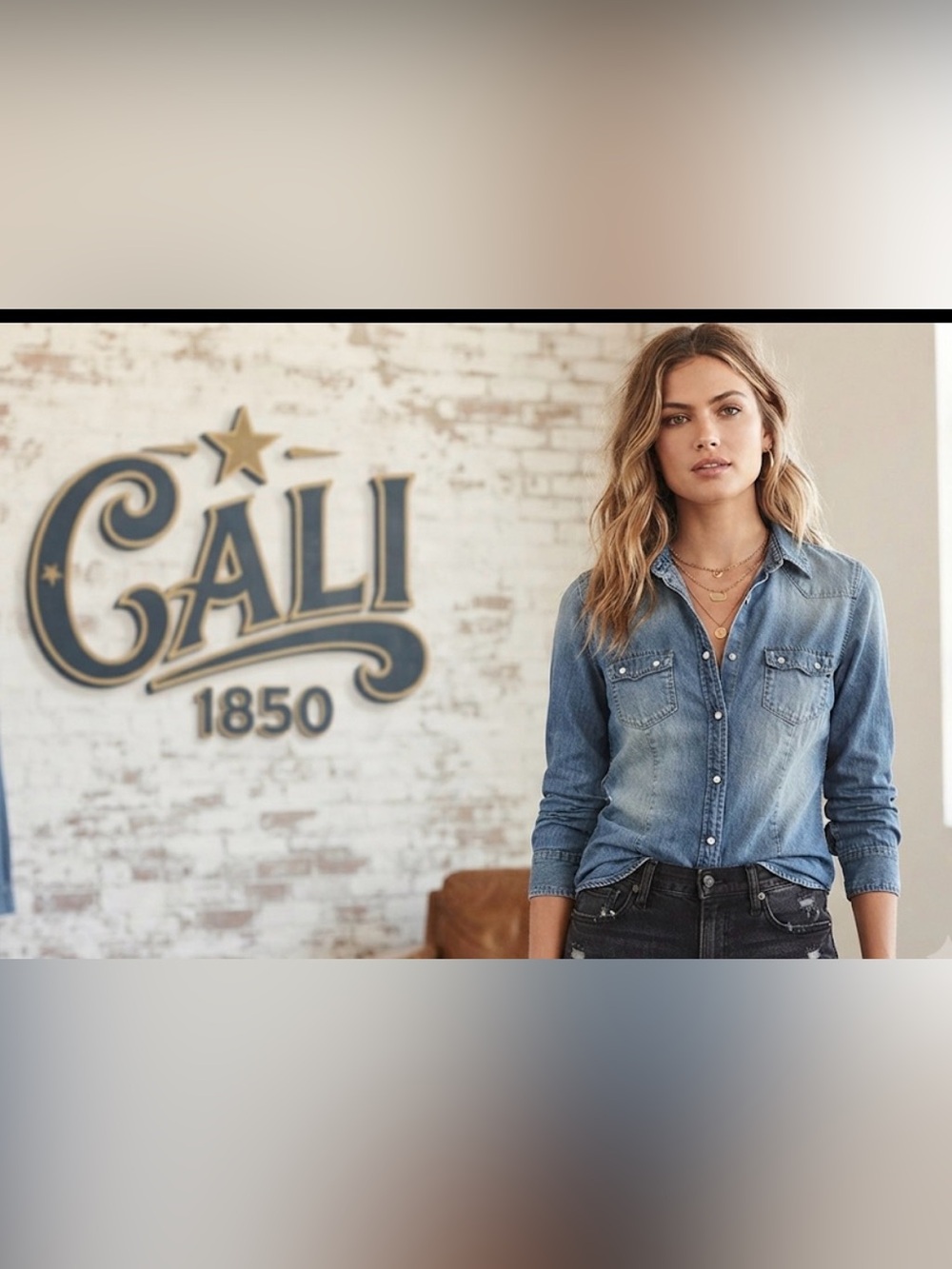 Authentic Cali 1850 slim fit designer lightweight denim jean button down shirt S